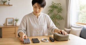 防災用品とモバイルバッテリーを確認する人