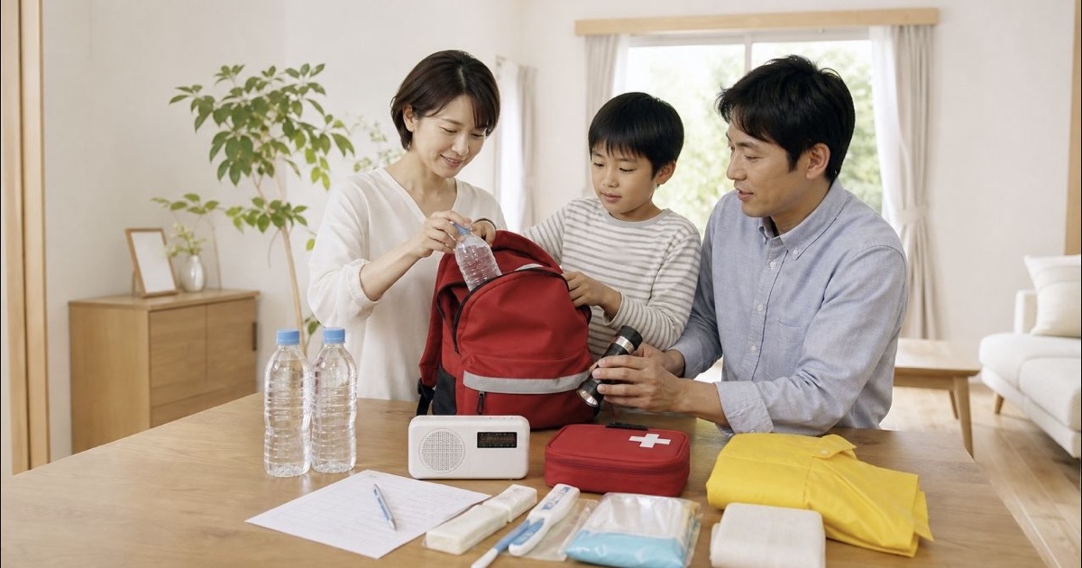 家族で防災リュックの中身を確認している様子